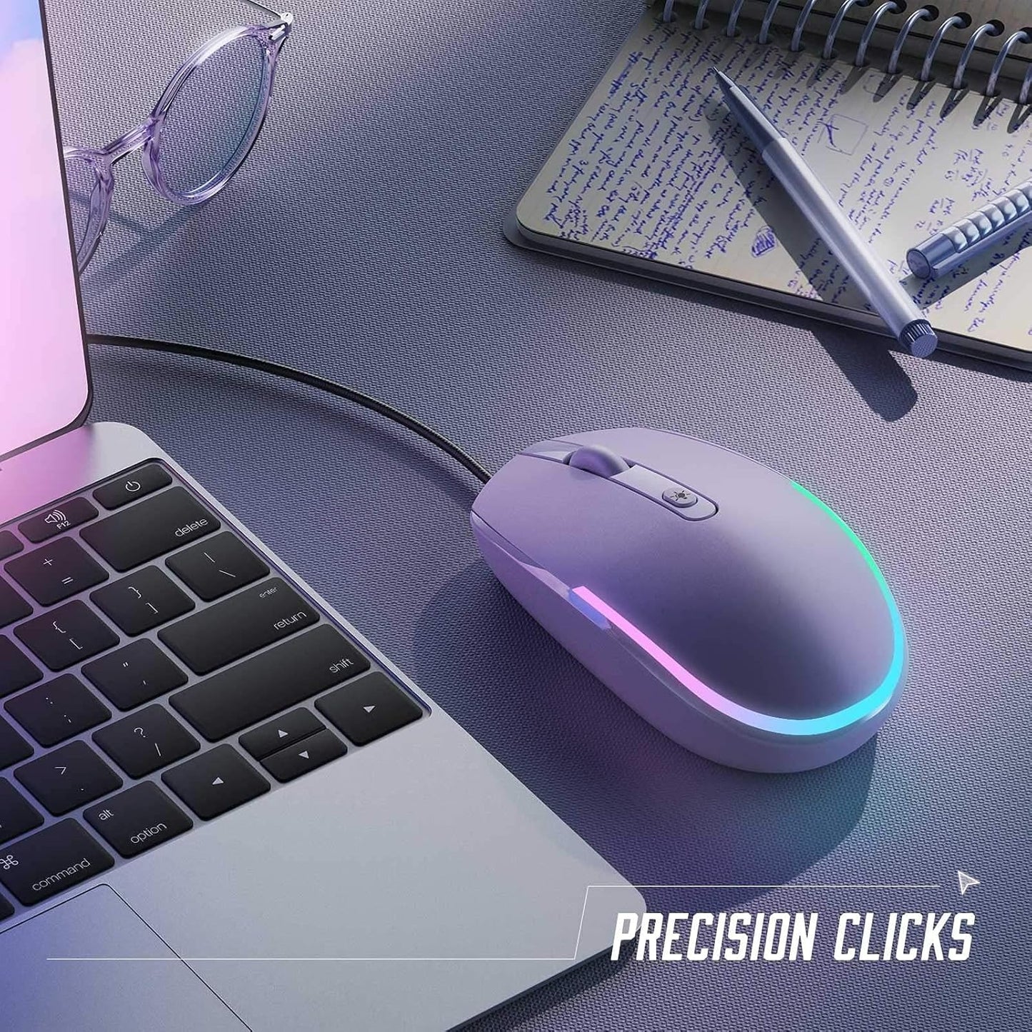Wired Mouse - USB Computer Mouse Wired with RGB Backlit Optical LED Mouse with Attached USB Cord for Laptops Notebooks Chromebook - Purple