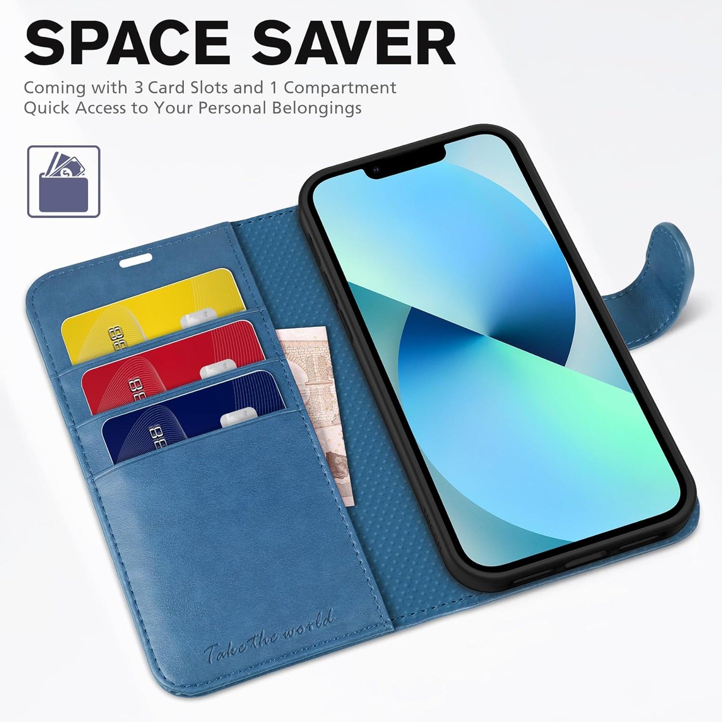 Case for Iphone 13 Wallet Case 5G, RFID Blocking Card Slot Holder [TPU Interior Protective Case], Magnetic Folio PU Leather Stand Flip Cover Compatible with Iphone 13 6.1" 2021, Lake Blue